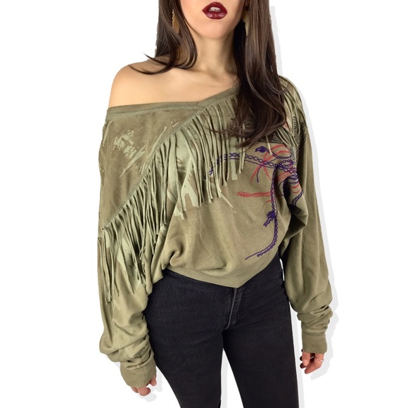VTG DIESEL distressed green fringe sweater - Picture 1 of 7